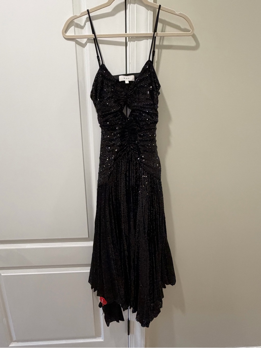 A.L.C. Black Sequin Ruched Midi Dress with Cutout